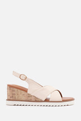 QWEEN CROSS OVER STRAP DETAIL WEDGE SHOES WITH BUCKLE CLOSURE IN CREAM PU