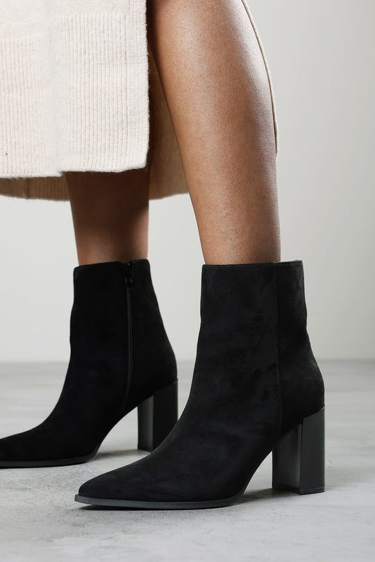 Daryna Black Suede Stacked Heel Pointed Ankle Boot