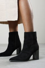 Daryna Black Suede Stacked Heel Pointed Ankle Boot