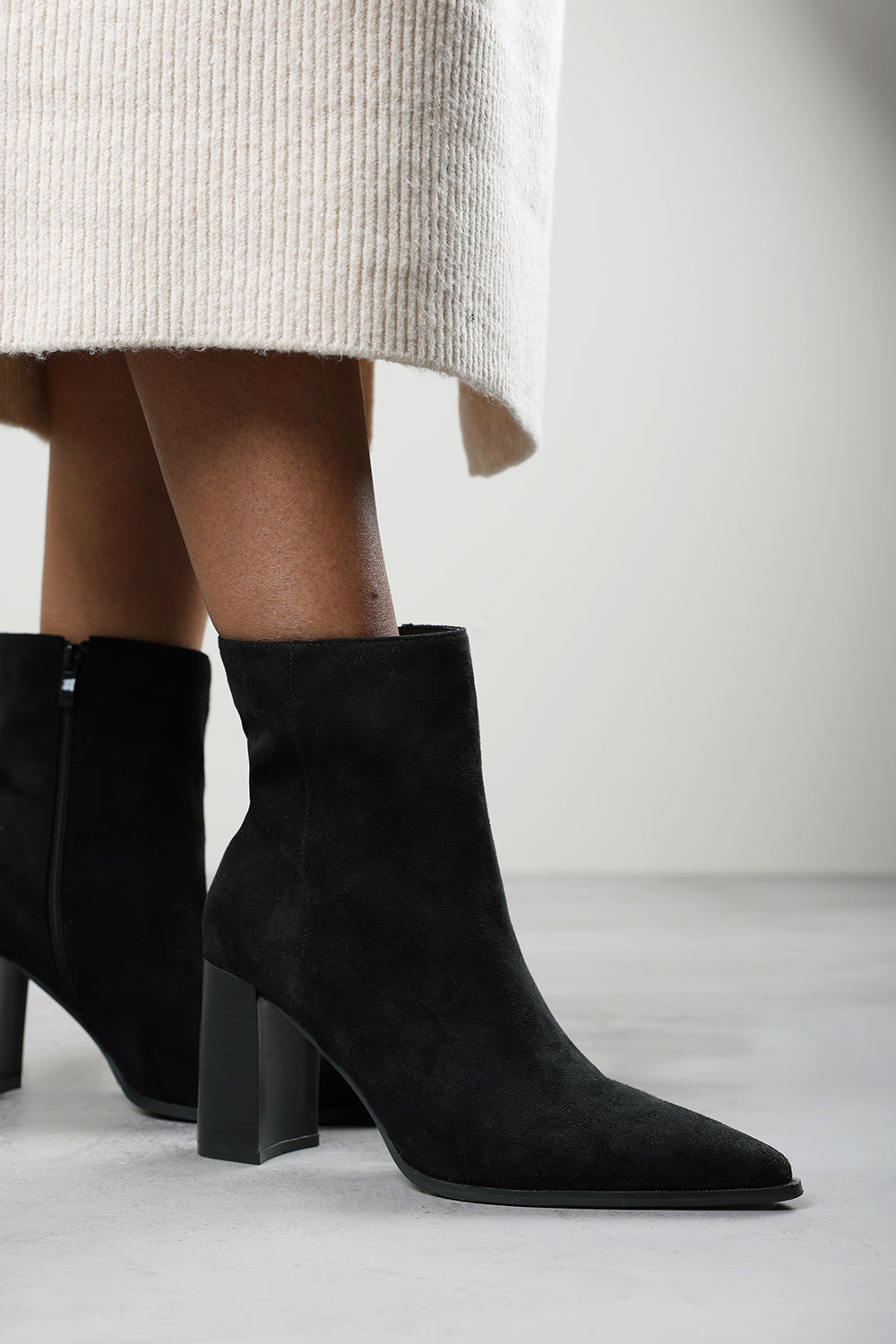 Daryna Black Suede Stacked Heel Pointed Ankle Boot
