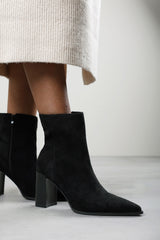 Daryna Black Suede Stacked Heel Pointed Ankle Boot