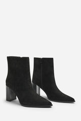 Daryna Black Suede Stacked Heel Pointed Ankle Boot