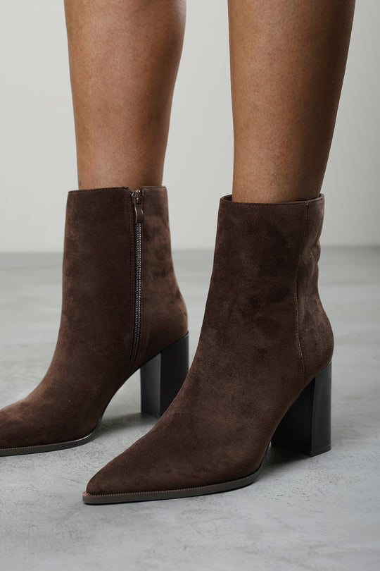 Daryna Dark Brown Suede Stacked Heel Pointed Ankle Boot