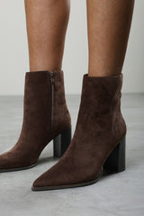 Daryna Dark Brown Suede Stacked Heel Pointed Ankle Boot