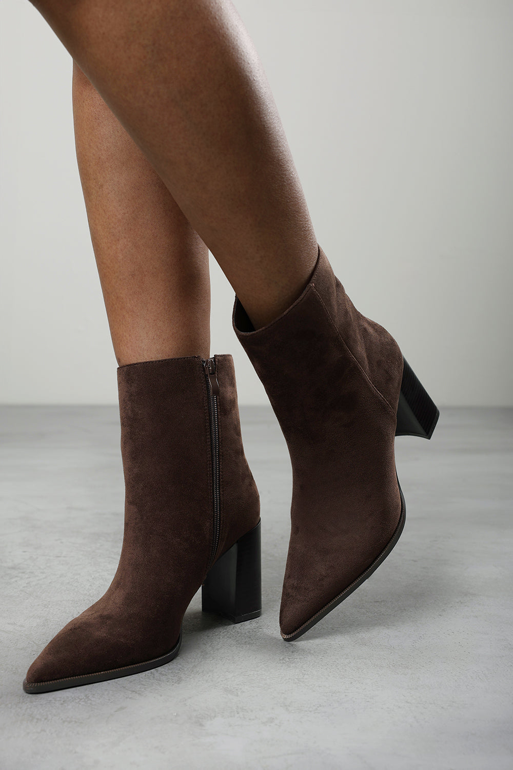 Daryna Dark Brown Suede Stacked Heel Pointed Ankle Boot