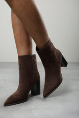 Daryna Dark Brown Suede Stacked Heel Pointed Ankle Boot