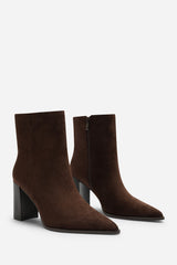 Daryna Dark Brown Suede Stacked Heel Pointed Ankle Boot