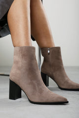 Daryna Taupe Suede Stacked Heel Pointed Ankle Boot