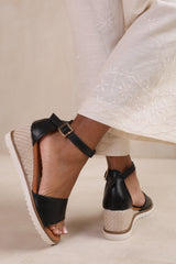 DUSK EXTRA WIDE FIT WEDGE SHOES WITH BUCKLE ANKLE STRAP IN BLACK PU