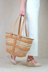 OCEAN RATAN BEACH BAG WITH PU STRAP DETAILING IN TAN FAUX LEATHER