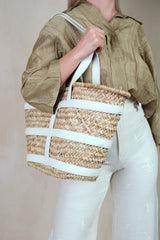 OCEAN RATAN BEACH BAG WITH PU STRAP DETAILING IN WHITE FAUX LEATHER