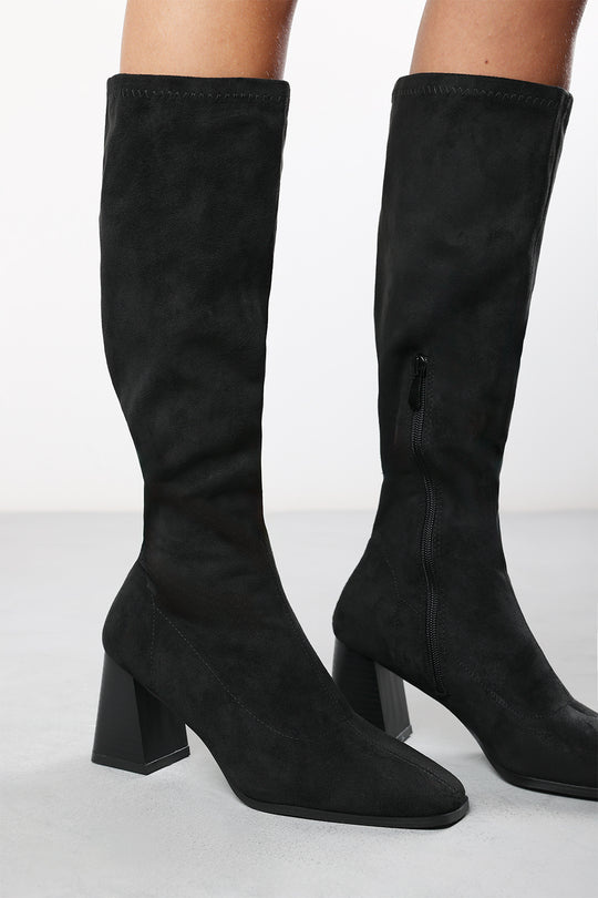 Whitney Stretch Calf Black Suede Block Heel Boots