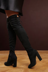 Rayne Black Over The Knee Block Heel Boots with Back Lace Detail