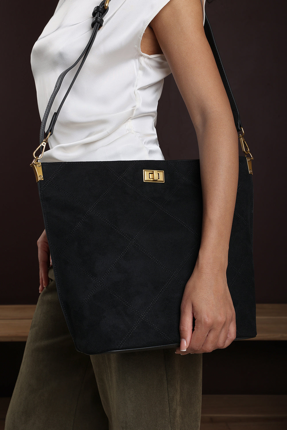 Fern Black Suede Shoulder Bag with Turn Lock