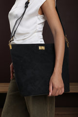 Fern Black Suede Shoulder Bag with Turn Lock
