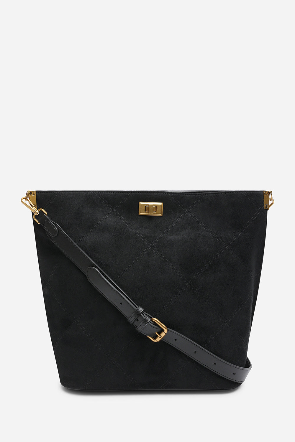 Fern Black Suede Shoulder Bag with Turn Lock