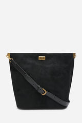 Fern Black Suede Shoulder Bag with Turn Lock
