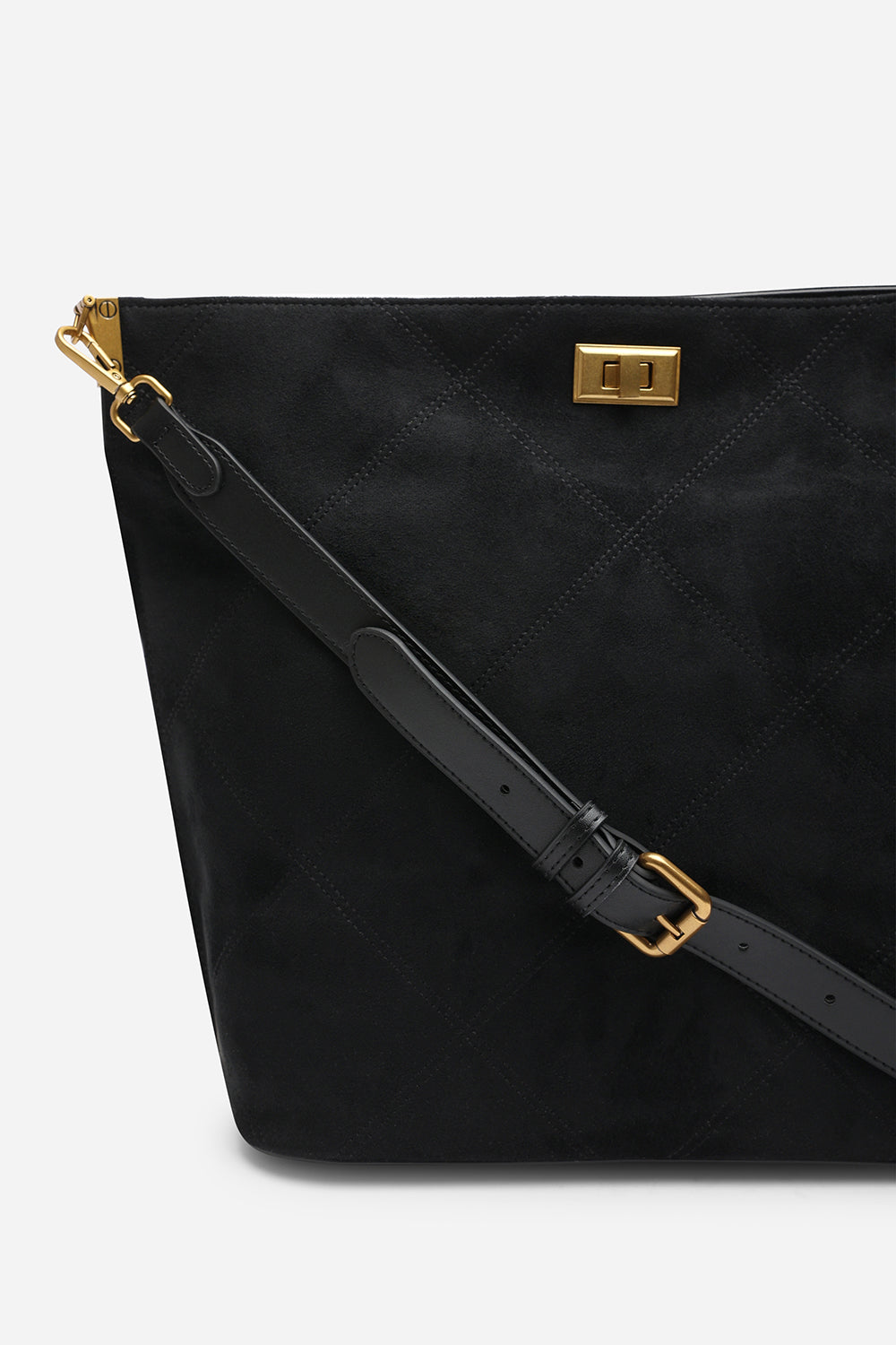 Fern Black Suede Shoulder Bag with Turn Lock