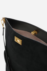 Fern Black Suede Shoulder Bag with Turn Lock