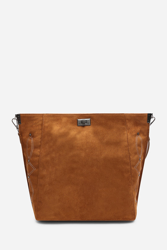 Kelp Tan Suede Tote Handbag for Women with Minimal Stitch Detail