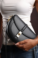 Breeze Black Faux Leather Shoulder Bag With Gold Lock Detail
