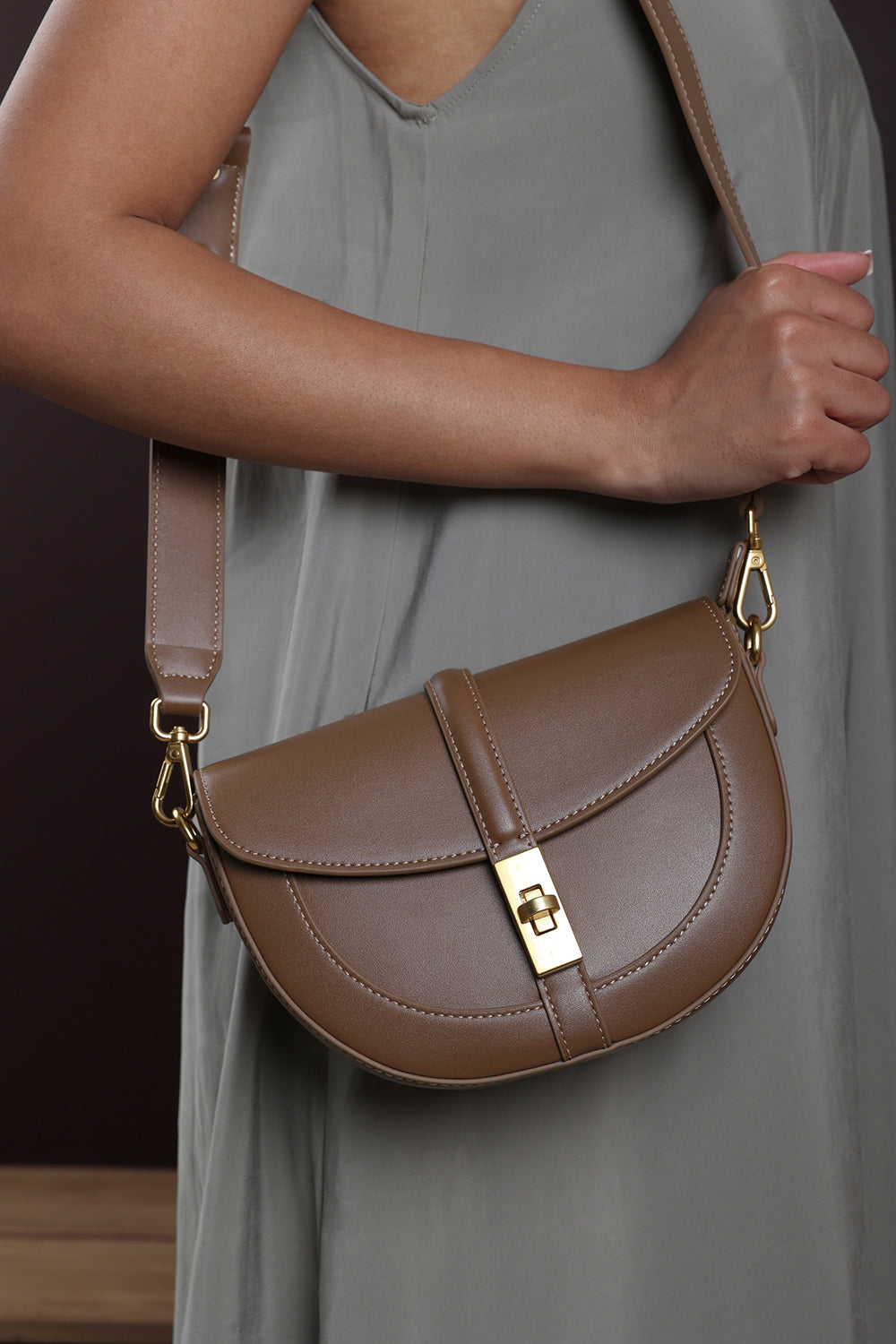 Breeze Brown Faux Leather Shoulder Bag With Gold Lock Detail