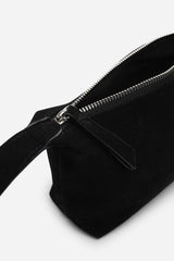 Caramel Suede Finish Sling Handbag with Adjustable Shoulder Strap in Black