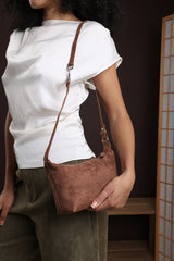 Caramel Brown Suede Finish Sling Handbag with Adjustable Shoulder Strap