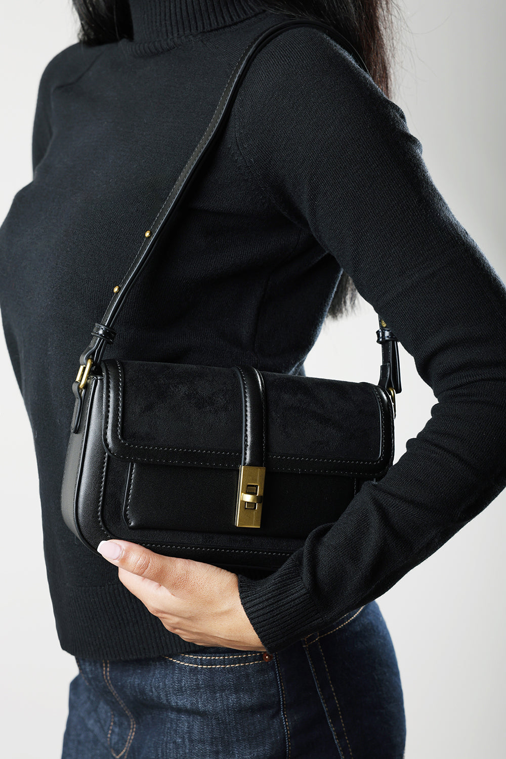 Helyra Black Shoulder Bag with Gold Detail Twist Lock Closure