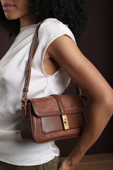Coral Brown Suede Structured Shoulder Bag with Gold Lock