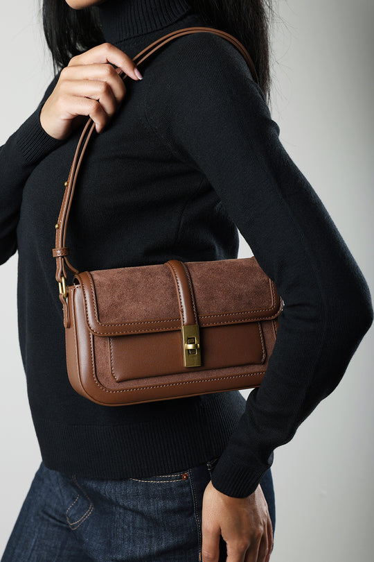 Helyra Brown Shoulder Bag with Gold Detail Twist Lock Closure