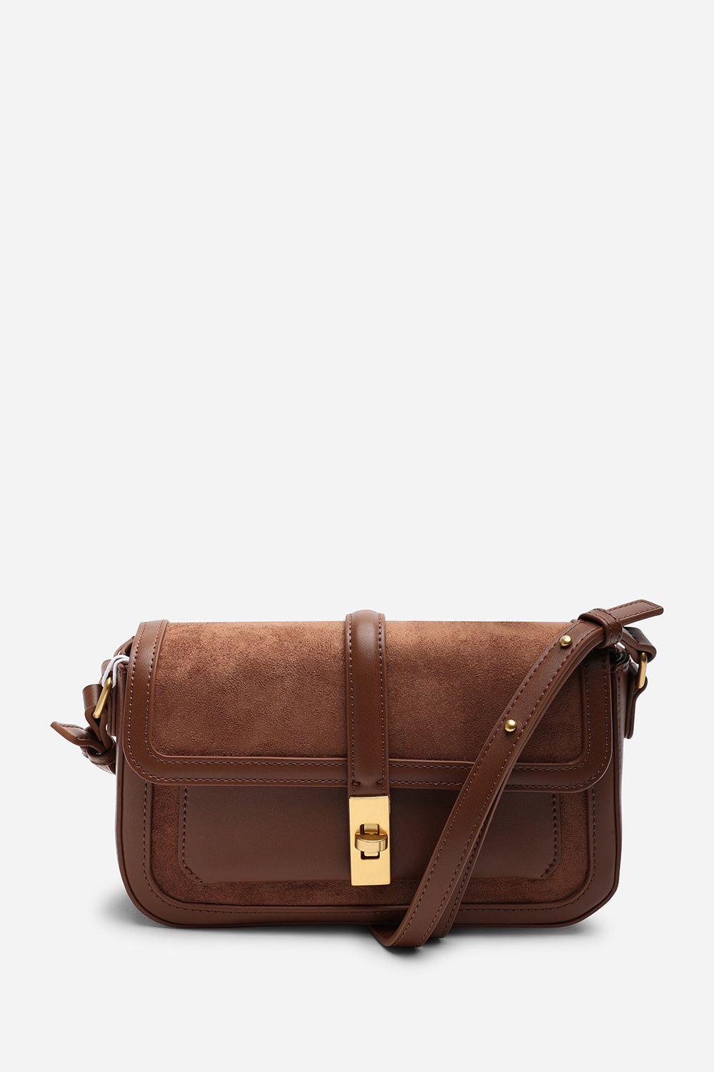 Coral Brown Suede Structured Shoulder Bag with Gold Lock