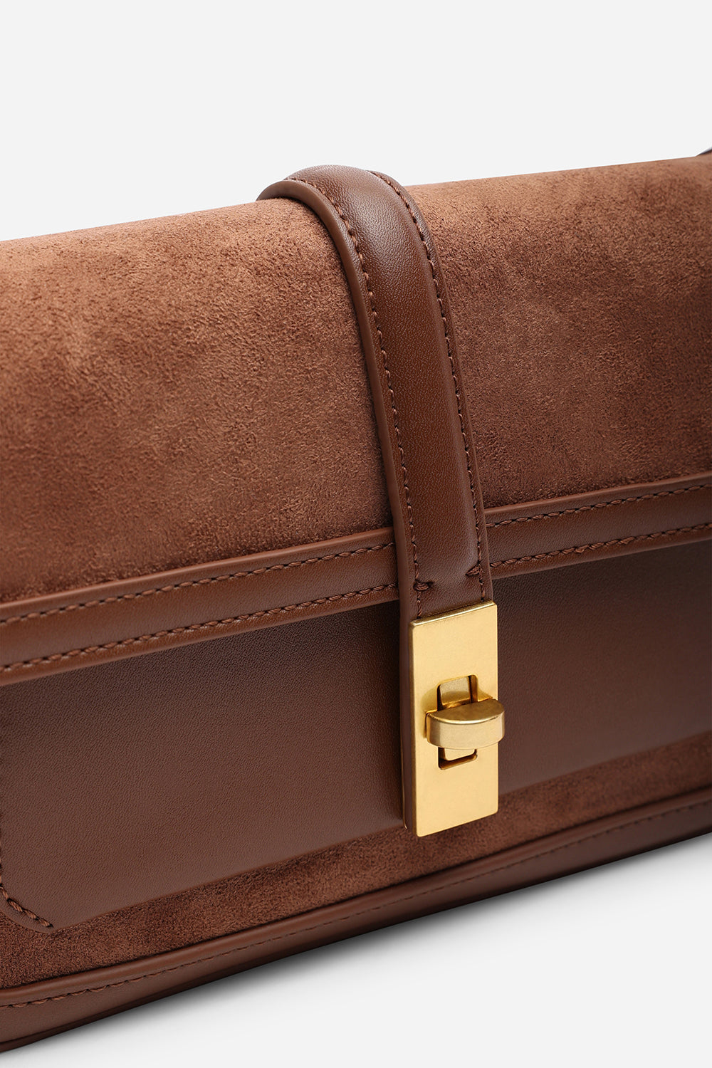 Coral Brown Suede Structured Shoulder Bag with Gold Lock