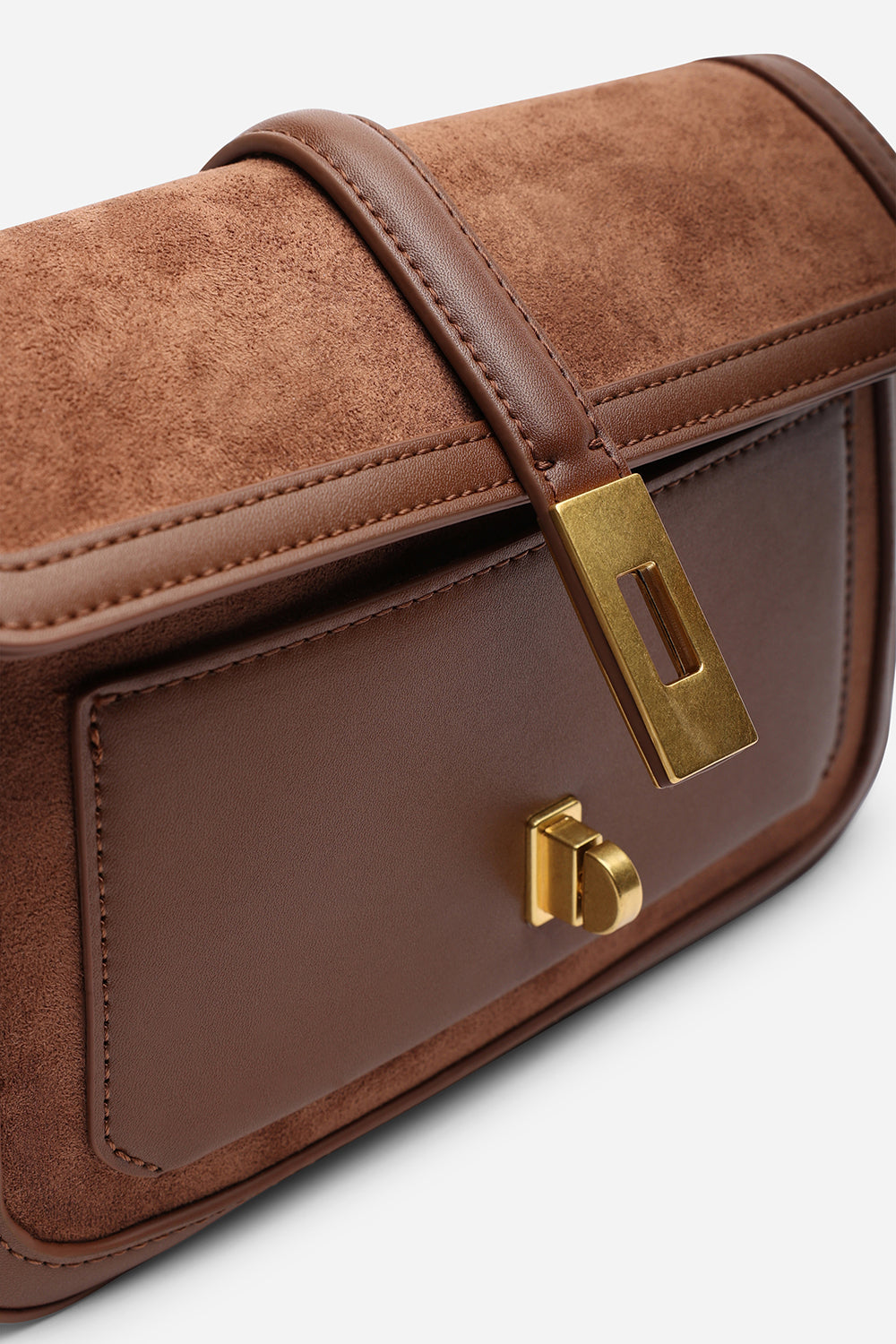 Coral Brown Suede Structured Shoulder Bag with Gold Lock