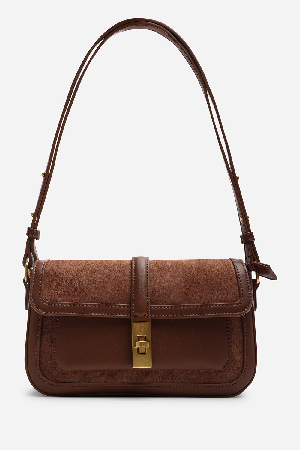 Coral Brown Suede Structured Shoulder Bag with Gold Lock