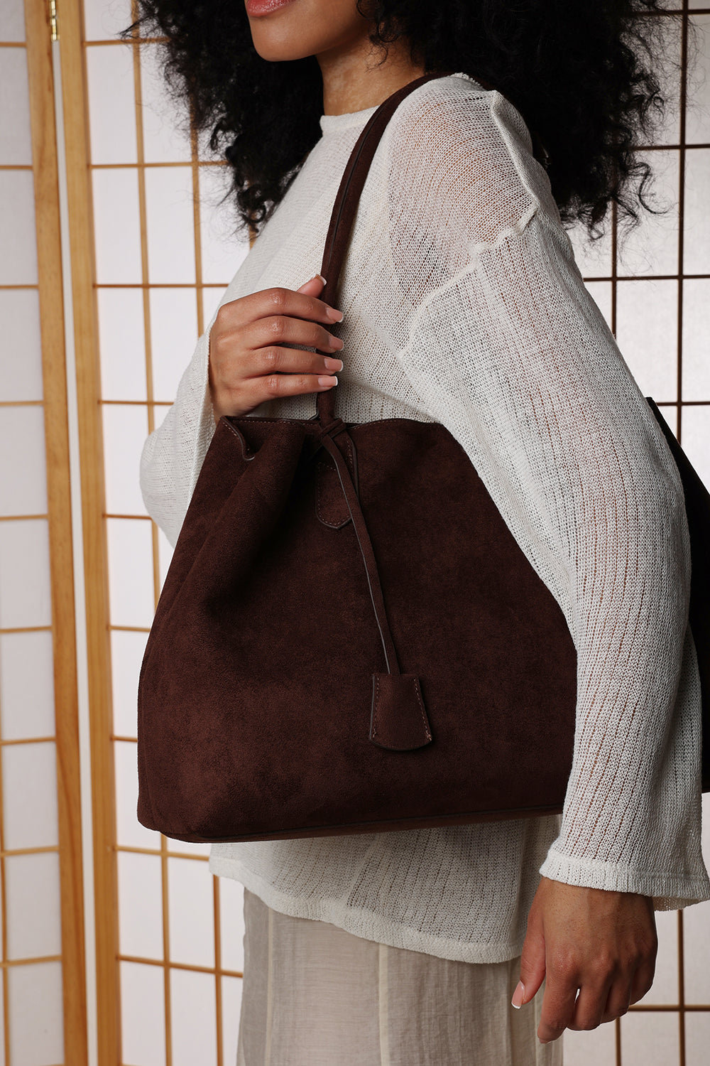 Drift Dark Brown Suede Slouchy Shoulder Tote Bag