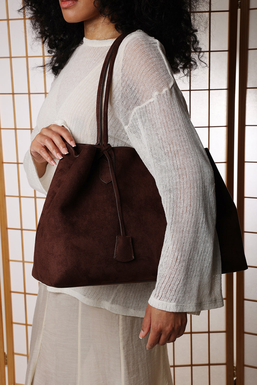 Drift Dark Brown Suede Slouchy Shoulder Tote Bag
