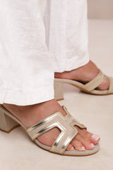 DRAMA CUT OUT STRAP BLOCK HEEL SANDALS IN GOLD METALLIC FAUX LEATHER