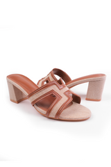 DRAMA CUT OUT STRAP BLOCK HEEL SANDALS IN TAN FAUX LEATHER