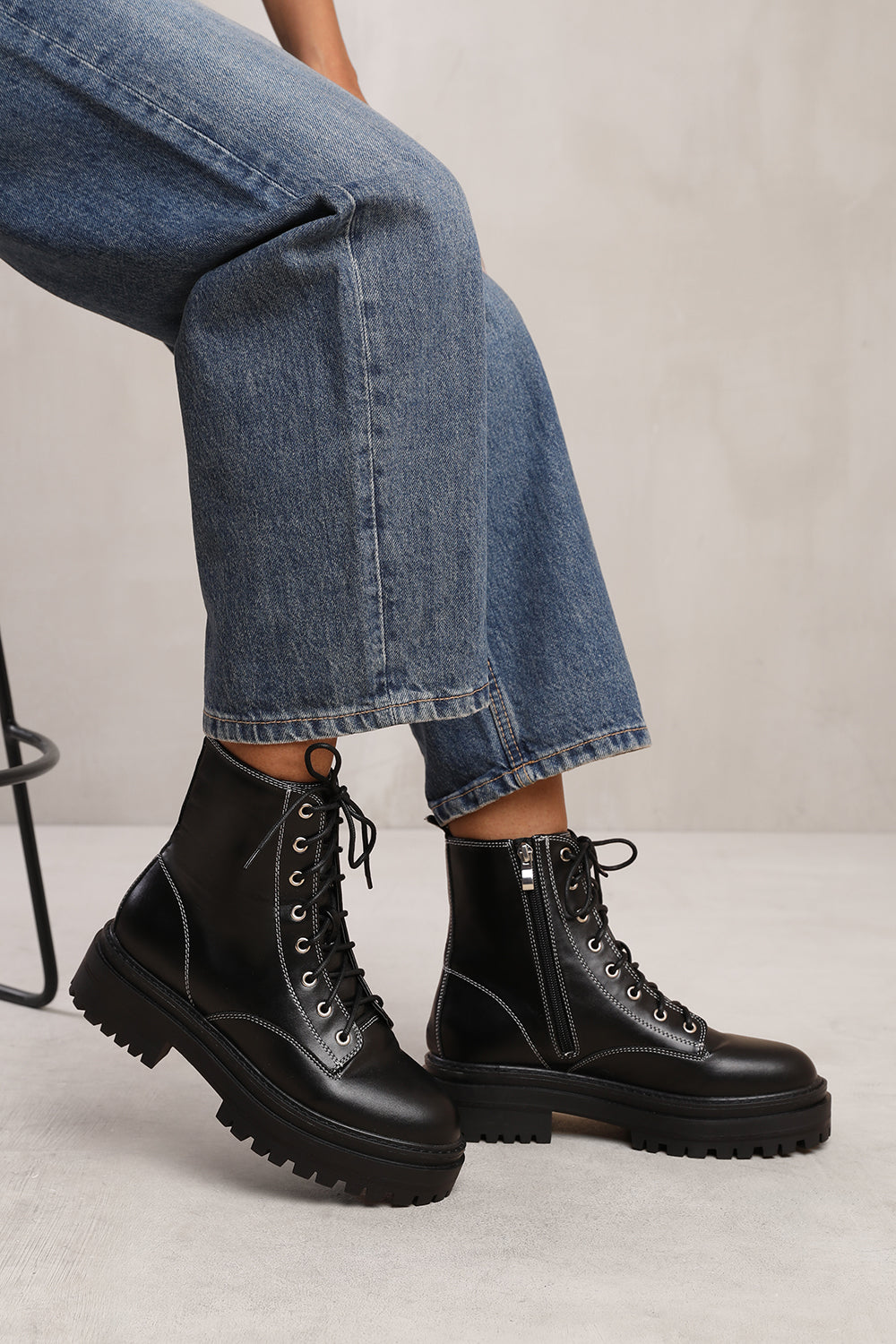 KAIA LACE UP ANKLE BOOT WITH CHUNKY SOLE IN BLACK FAUX LEATHER