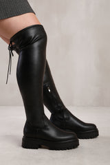 DAWN STRETCH WIDE CALF CHUNKY OVER THE KNEE BOOT WITH LACE DETAIL IN WIDE E FIT IN BLACK FAUX LEATHER