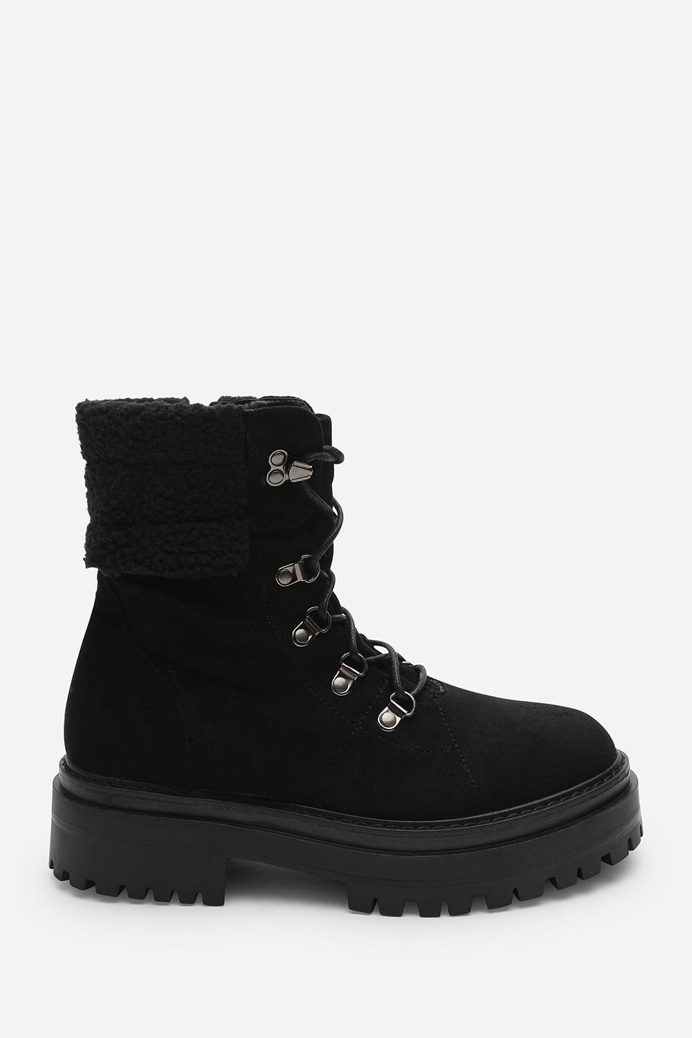Sable Black Suede Lace-Up Ankle Boots with Faux Fur Trim and Chunky Sole