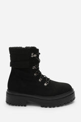 Sable Black Suede Lace-Up Ankle Boots with Faux Fur Trim and Chunky Sole