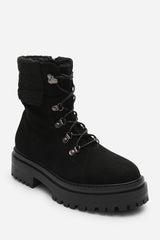 Sable Black Suede Lace-Up Ankle Boots with Faux Fur Trim and Chunky Sole