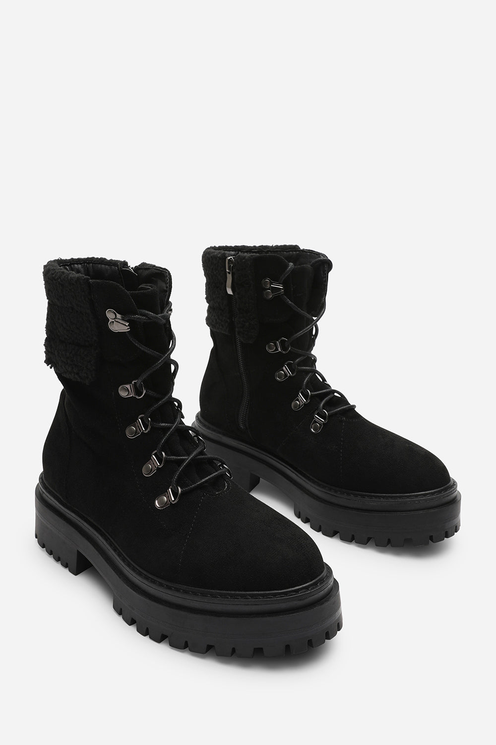 Sable Black Suede Lace-Up Ankle Boots with Faux Fur Trim and Chunky Sole