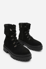 Sable Black Suede Lace-Up Ankle Boots with Faux Fur Trim and Chunky Sole