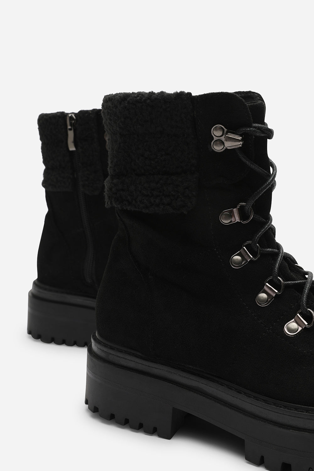 Sable Black Suede Lace-Up Ankle Boots with Faux Fur Trim and Chunky Sole