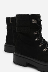 Sable Black Suede Lace-Up Ankle Boots with Faux Fur Trim and Chunky Sole