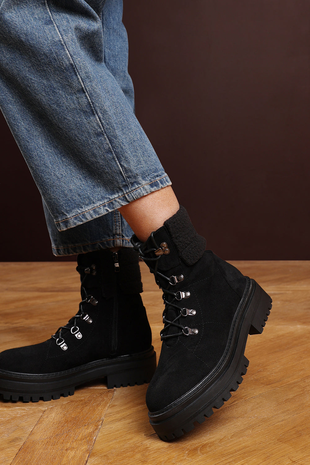 Sable Black Suede Lace-Up Ankle Boots with Faux Fur Trim and Chunky Sole
