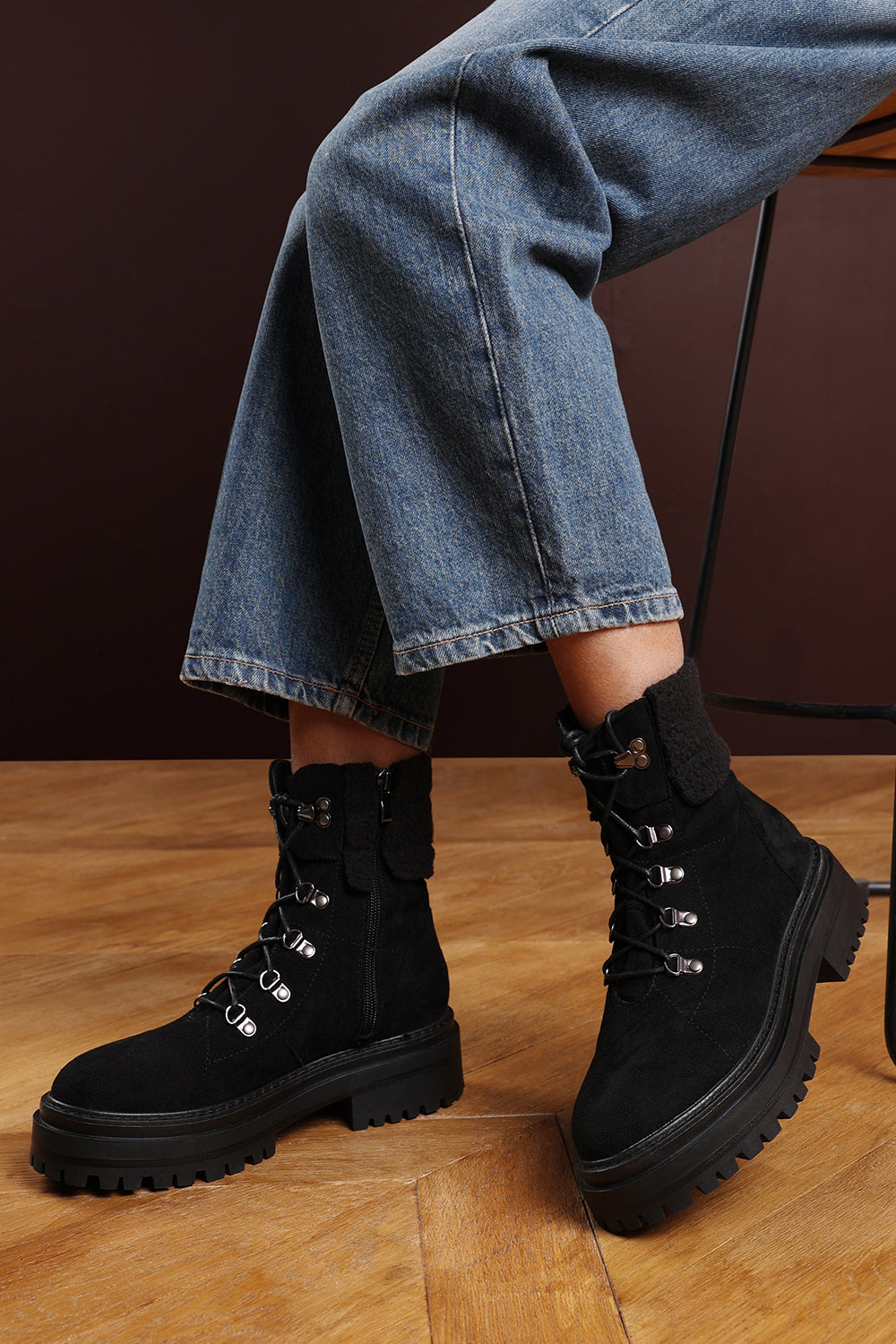 Sable Black Suede Lace-Up Ankle Boots with Faux Fur Trim and Chunky Sole